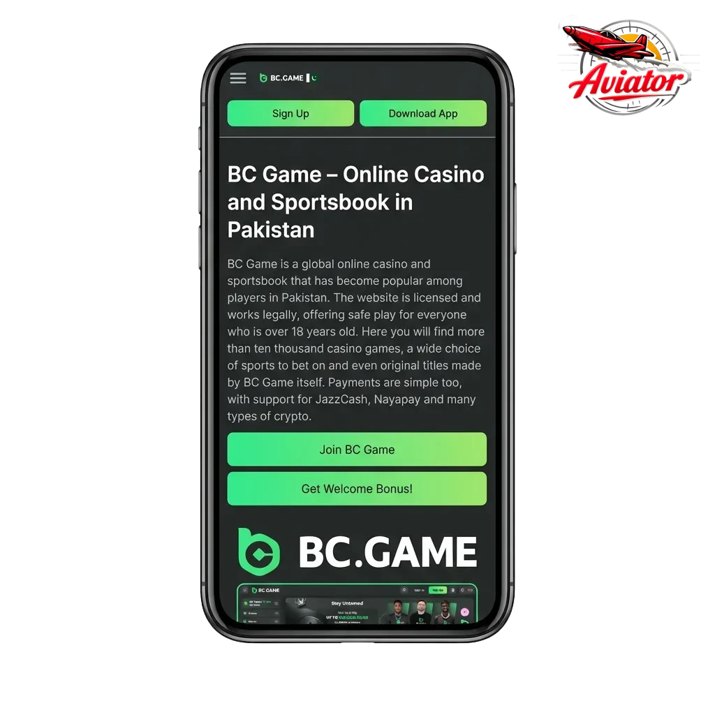 BC Game Aviator app on smartphone showing gameplay interface for Android and iOS users in Pakistan