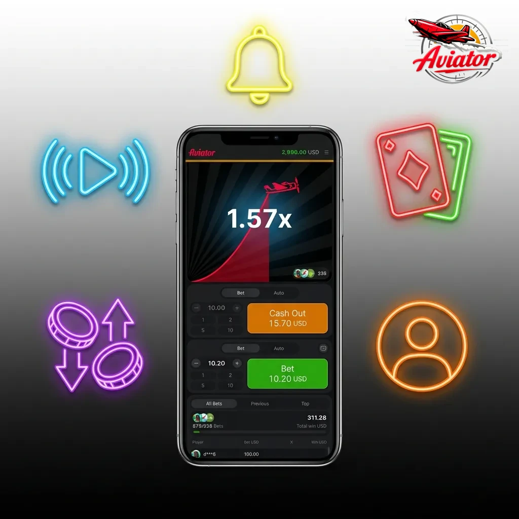 Aviator game signals displayed on smartphone with community chat icons and strategy tips overlay