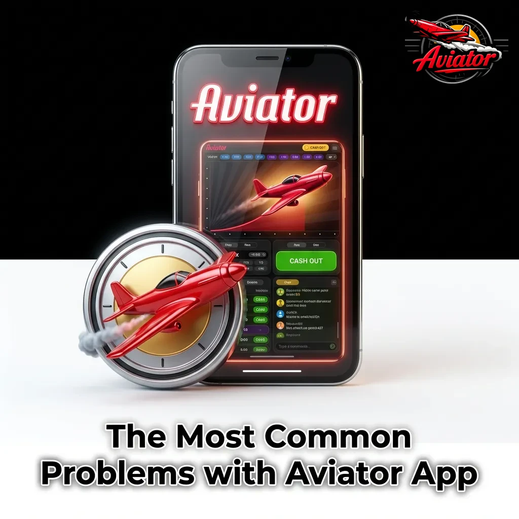 Smartphone displaying Aviator app with troubleshooting icons showing common technical issues and solutions